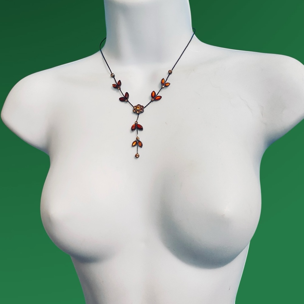 Y Necklace Brown Orange Gunmetal Chain 16”+ 3” extender